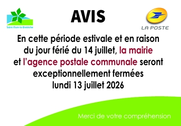 Fermeture Mairie / Poste le 13 juillet 2026